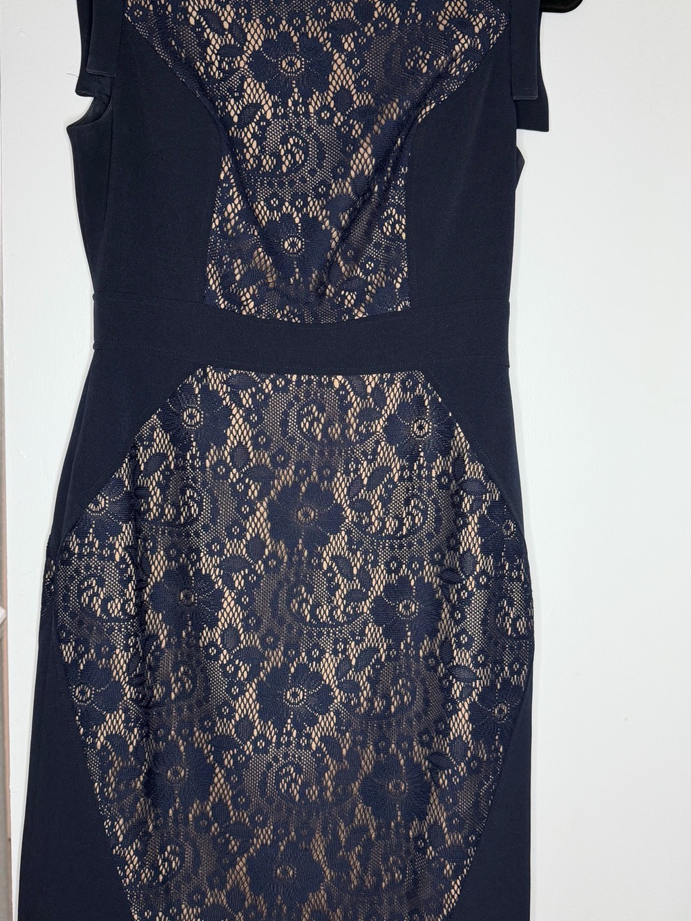 Adrianna Papell Navy and Nude Lace-Overlay Midi Dress